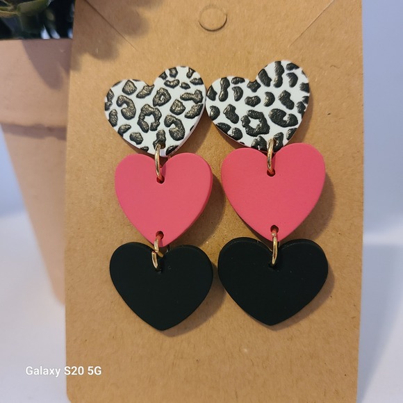 Handmade Jewelry - Handmade Heart Earrings‎ Leopard Pink Black Dangle Stud Statement Earrings